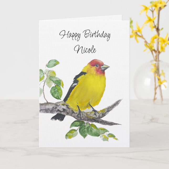 Custom  Birthday Watercolor Western Tanager Bird Kort (Gul blomma)
