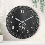 Custom Black Glitter Sparkle Monogram Rund Klocka<br><div class="desc">Easily personalize this trendy elegant clock design featuring pretty black sparkling glitter on a black brushed metallic background.</div>