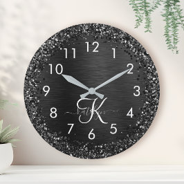 Custom Black Glitter Sparkle Monogram Rund Klocka