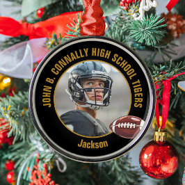 Custom Black Gold Football Player Photo Christmas Julgransprydnad Metall