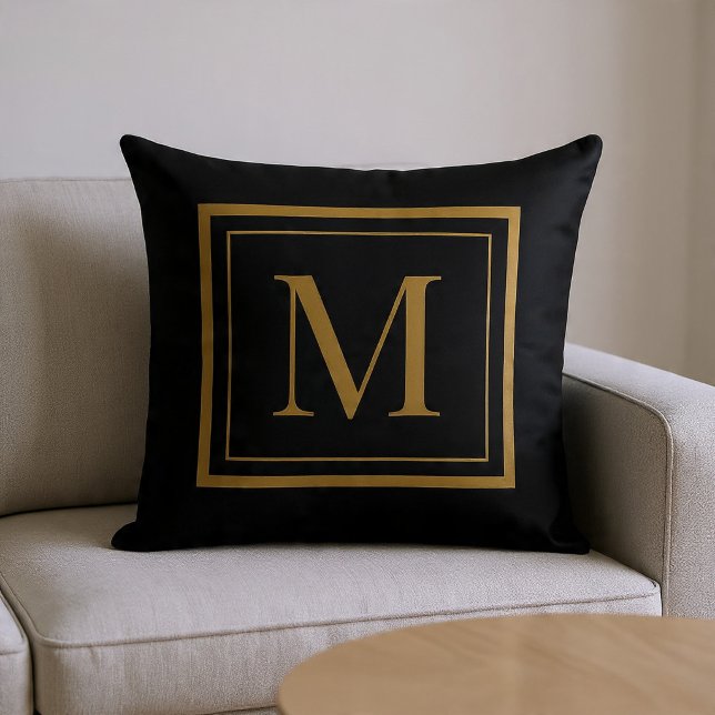 Custom Black & Gold Framed Monogram Throw Pillow Kudde (Skapare uppladdad)