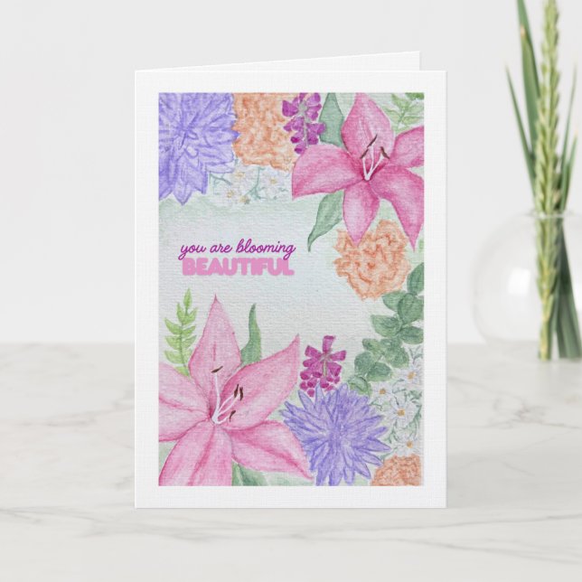 Custom Blooming Beautiful Watercolour Folded Card Tack Kort (Framsida)