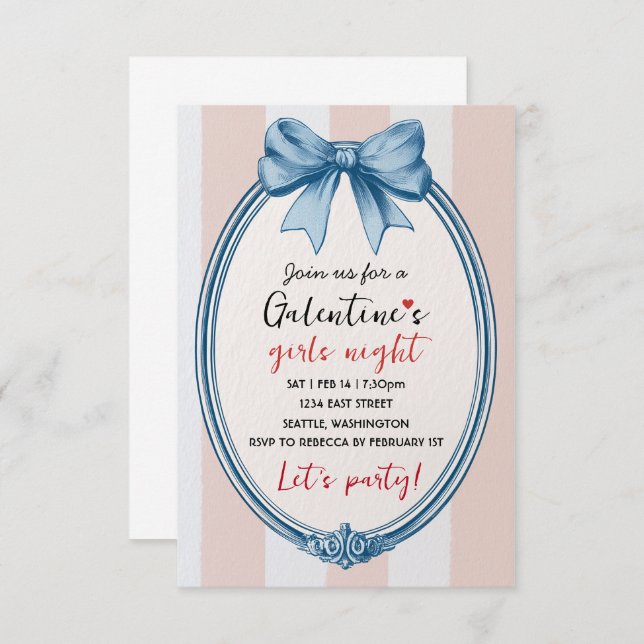 Custom Blue Bow Galentines Party Invitation OSA Kort (Fram/baksida)