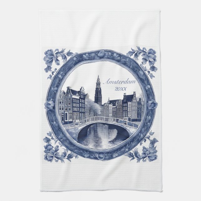 Custom Blue Delft Amsterdam Souvenir Kökshandduk (Vertikal)