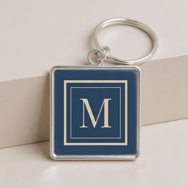 Custom Blue & Vanilla Framed Monogram Fyrkantig Silverfärgad Nyckelring (Skapare uppladdad)