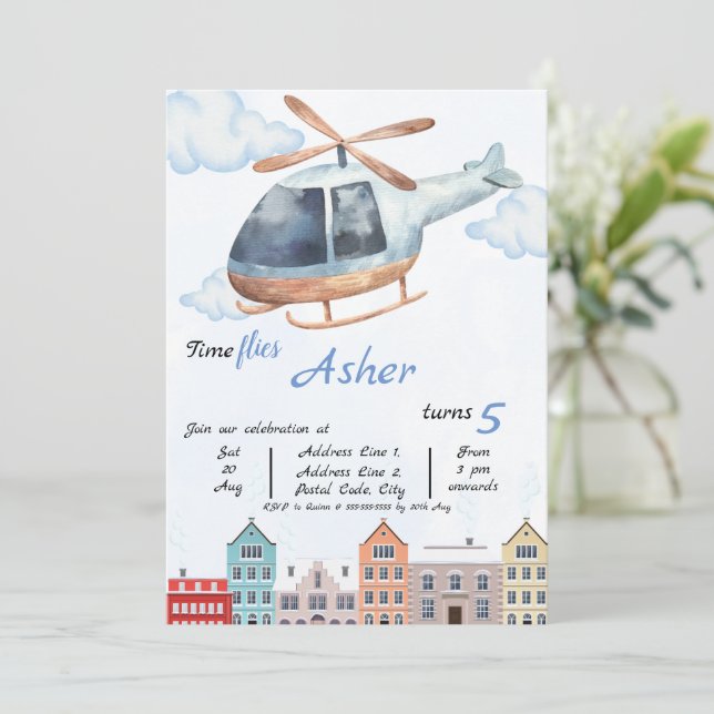 Custom Blue Watercolor Helicopter Boys Birthday Inbjudningar (Stående Fram)