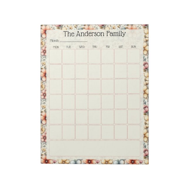 Custom Blush Floral Monthly Calendar Notepad Anteckningsblock (Roterad)