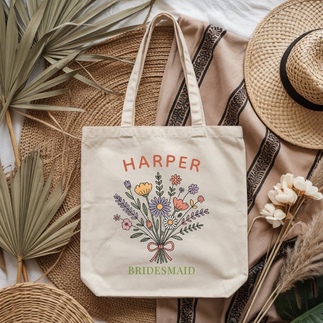 Custom Boho Floral Gift for Bridal Shower Party Tygkasse (Custom Boho Floral Tote Bag Gift for Bridesmaid, Custom Bridesmaid Tote Bag Gift for Bridal Party)