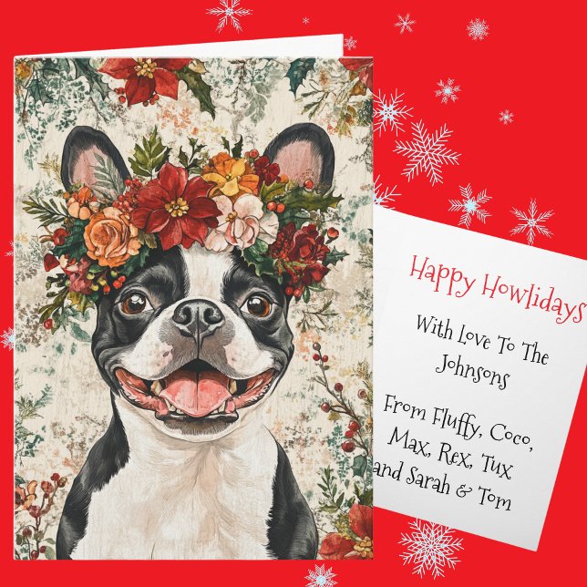 Custom Boston Terrier Christmas Floral Crown Helgkort (Skapare uppladdad)