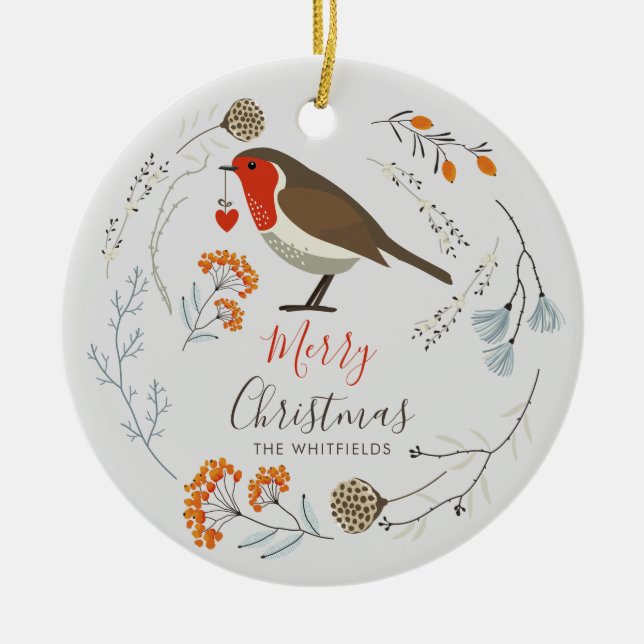 Custom Botanical Robin Bird Botanical Christmas Julgransprydnad Keramik (Framsidan)