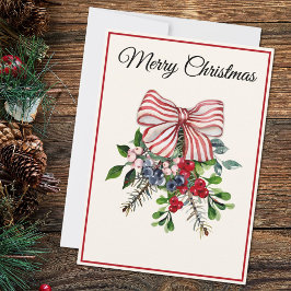 Custom, Bow Berries & Foliage Flat Christmas Card Julkort