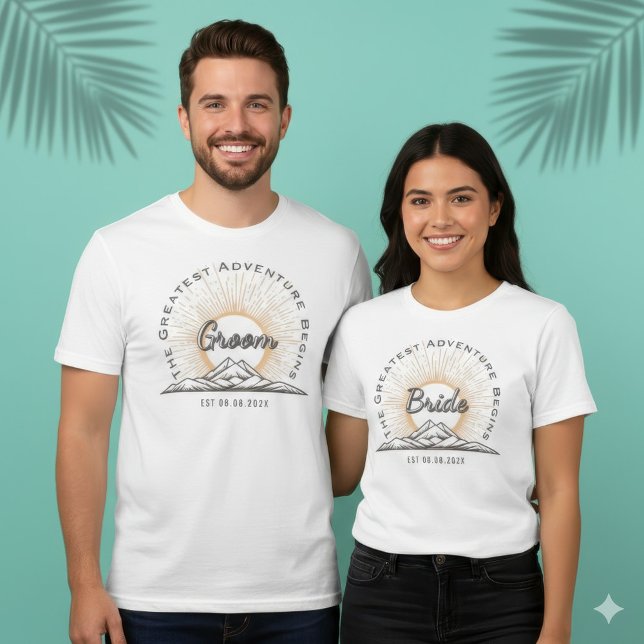 Custom Bride Mountain Sun Adventure Begins WedDay  T Shirt (Bride The Greatest Adventure Begins Vintage Mountain Wedding T-Shirt)