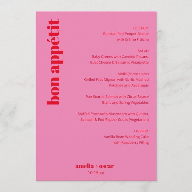 Custom Bright Bold Pink and Red Modern Wedding Meny (Framsida)