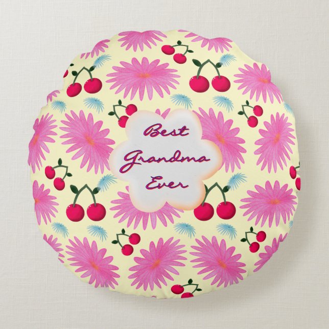 Custom Bright Pink Floral Cherry Pattern  Rund Kudde (Framsidan)