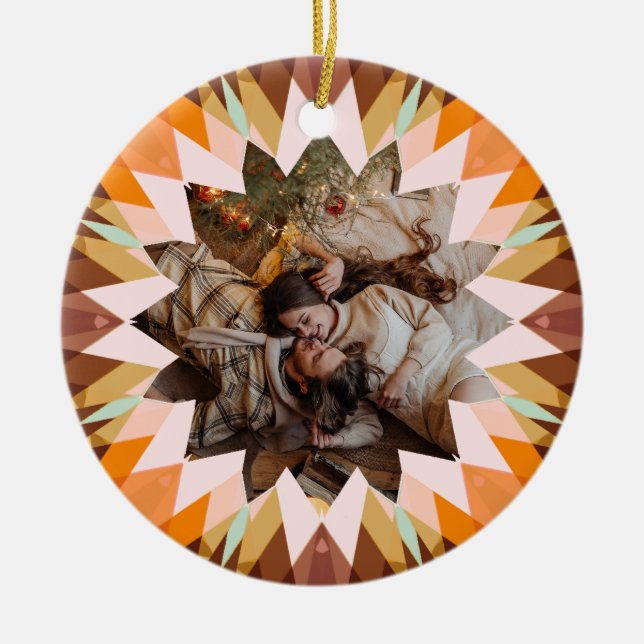 Custom Brown Orange Christmas Star Photo Gift Tree Julgransprydnad Keramik (Framsidan)