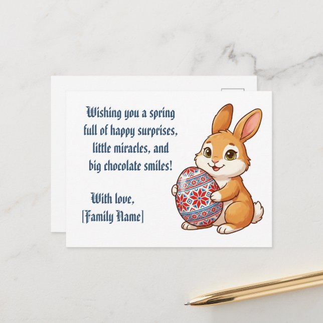 Custom Bunny Postcard - Ethnic Egg & Editable Name Helg Vykort (Fram/Back In Situ)