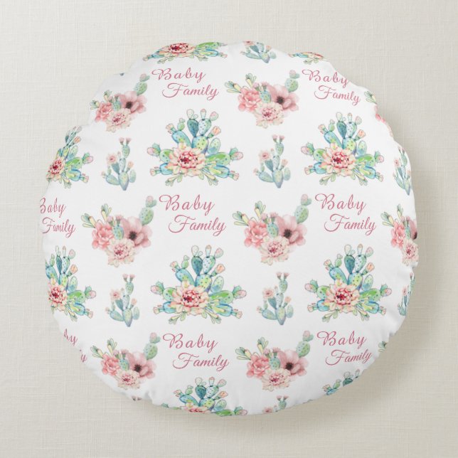 Custom Cacti Floral Round Pillow Rund Kudde (Framsidan)