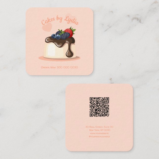 Custom Cake Bakery Business Card with QR Code Fyrkantigt Visitkort (Fram/baksida)