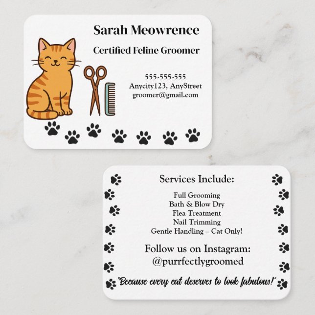 Custom Cat Groomer Business Card – Cute Paw Print  Visitkort (Fram/baksida)