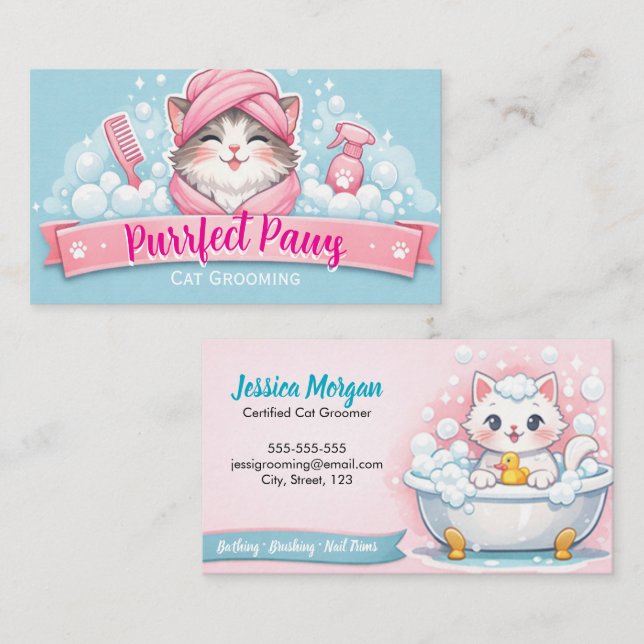 Custom Cat Groomer Business Card – Pastel Design Visitkort (Fram/baksida)