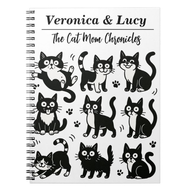 Custom Cat Mom Notebook – Funny Black & White Cat Anteckningsbok (Framsidan)
