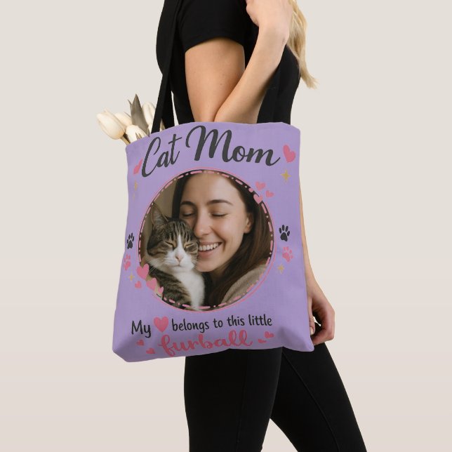 Custom Cat Mom Tote Bag with Photo Tygkasse (Närbild)