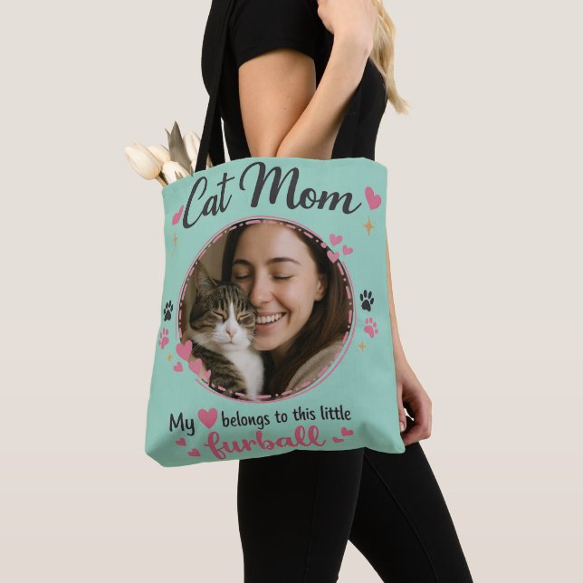 Custom Cat Mom Tote Bag with Photo Tygkasse (Närbild)