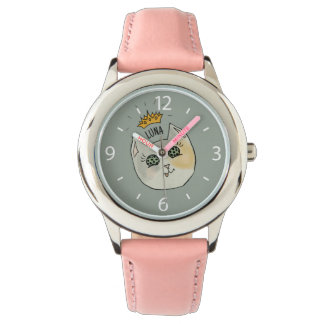 Custom Cat Name Art - Chubby White Cat with Crown Armbandsur