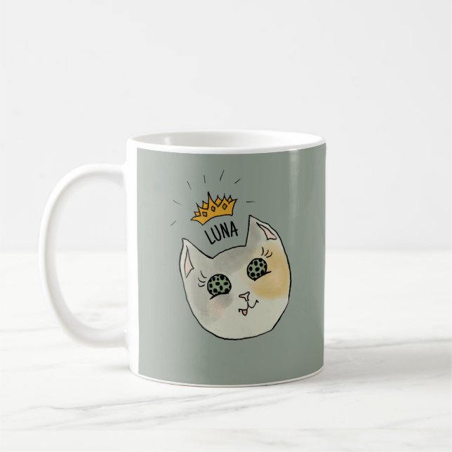 Custom Cat Name Art - Chubby White Cat with Crown Kaffemugg (Vänster)