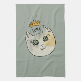 Custom Cat Name Art - Chubby White Cat with Crown Kökshandduk