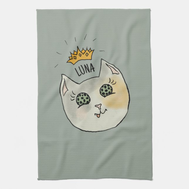Custom Cat Name Art - Chubby White Cat with Crown Kökshandduk (Vertikal)