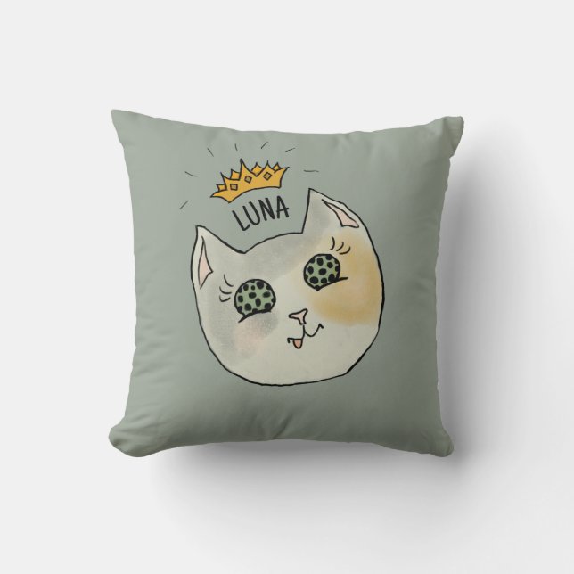Custom Cat Name Art - Chubby White Cat with Crown Kudde (Framsida)