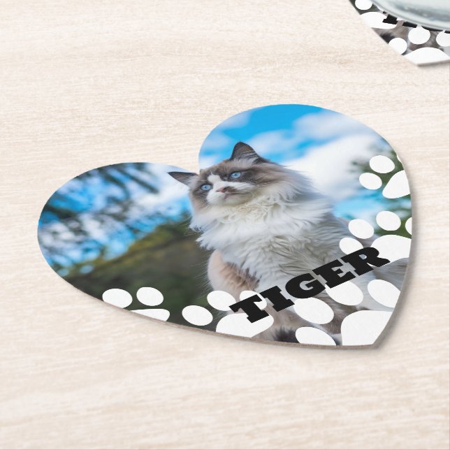Custom Cat Photo Heart-Shaped Coasters with Name Underlägg Papper (Vinklad)