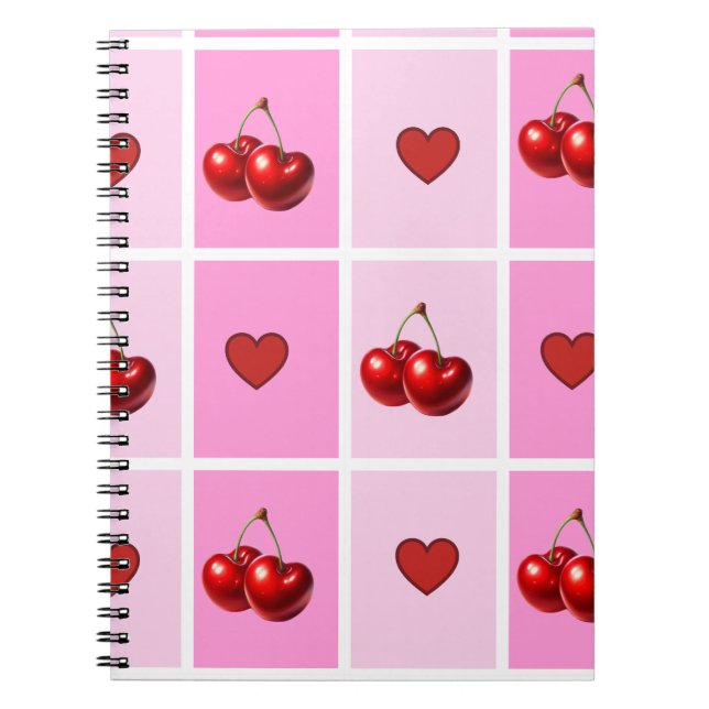 Custom Cherry Heart Checkerboard Pattern Anteckningsbok (Framsidan)