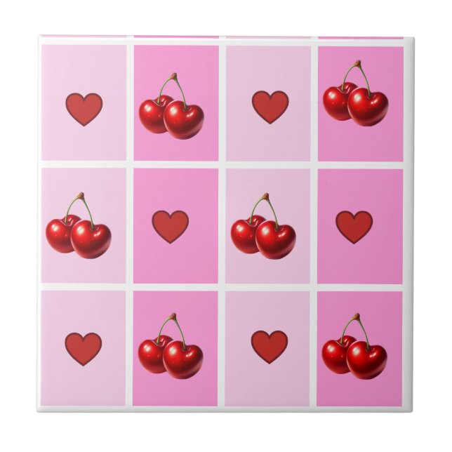Custom Cherry Heart Checkerboard Pattern Kakelplatta (Framsidan)