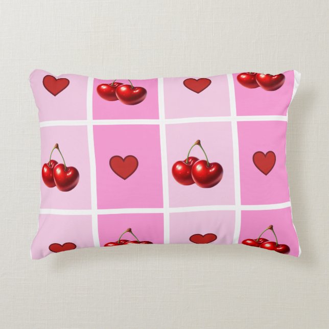 Custom Cherry Heart Checkerboard Pattern Prydnadskudde (Framsidan)