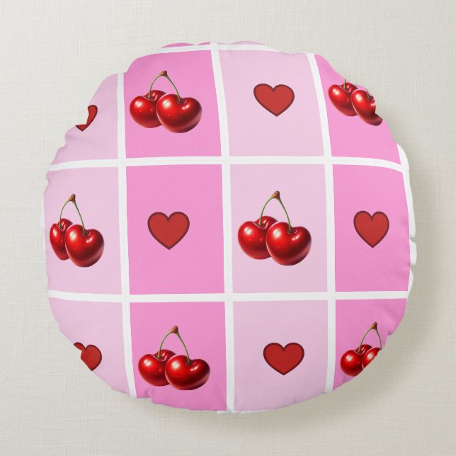 Custom Cherry Heart Checkerboard Pattern Rund Kudde (Framsidan)