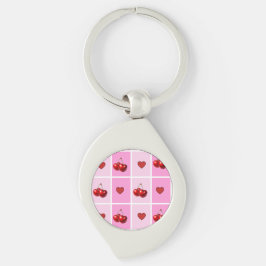 Custom Cherry Heart Checkerboard Pattern Swirl Silverfärgad Nyckelring