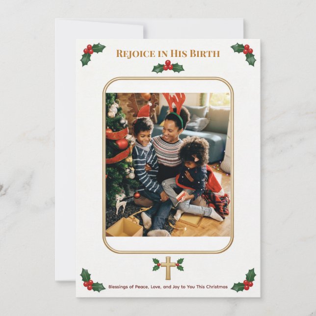 Custom Christian Christmas with Holly and Cross Julkort (Framsida)