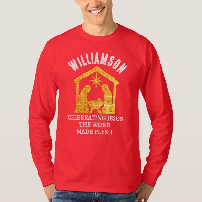 Custom Christian Glitter Nativity Family Christmas T Shirt (Framsida)