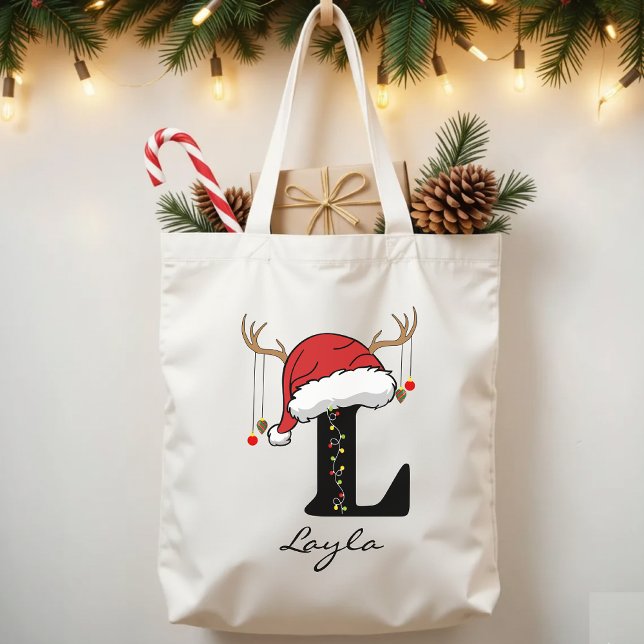 Custom Christmas Alphabet Monogram Tote Bag Tygkasse (personalized Christmas gift, holiday season tote, Christmas office gift, Christmas bag for coworkers)