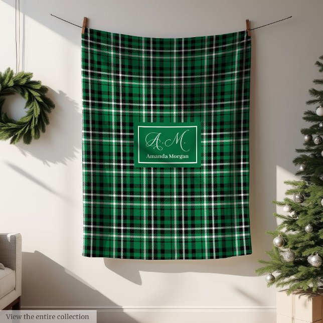 Custom Christmas Blanket Green Black Tartan Decor Fleecefilt (Custom Christmas Blanket Green Black Tartan Decor)