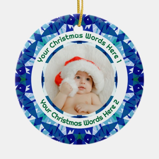 Custom Christmas Blue Green Family Photo Gift Julgransprydnad Keramik (Framsidan)