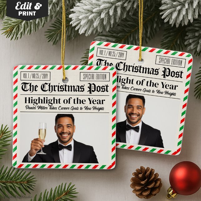 Custom Christmas Celebrate Achievement Newspaper  Julgransprydnad Keramik (Custom Christmas Celebrate Achievement Newspaper Ceramic Ornament)