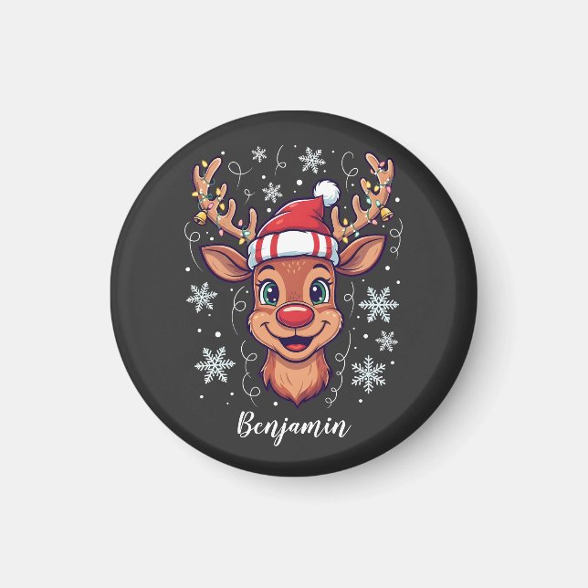 Custom Christmas Cheer Cute Reindeer in Hat  Magnet (Framsidan)