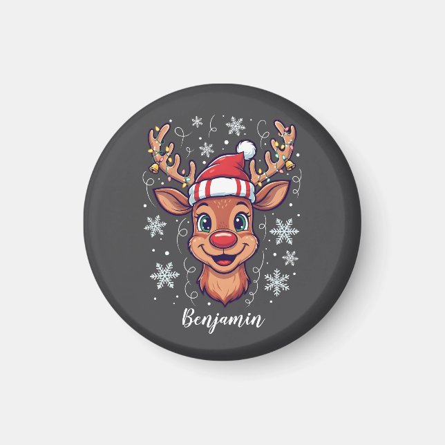 Custom Christmas Cheer Cute Reindeer in Hat  Magnet (Framsidan)