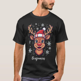 Custom Christmas Cheer Cute Reindeer in Hat  T Shirt