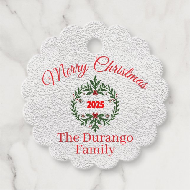 Custom Christmas Festive Floral Wreath Scalloped Gåvor Etiketter (Framsida)