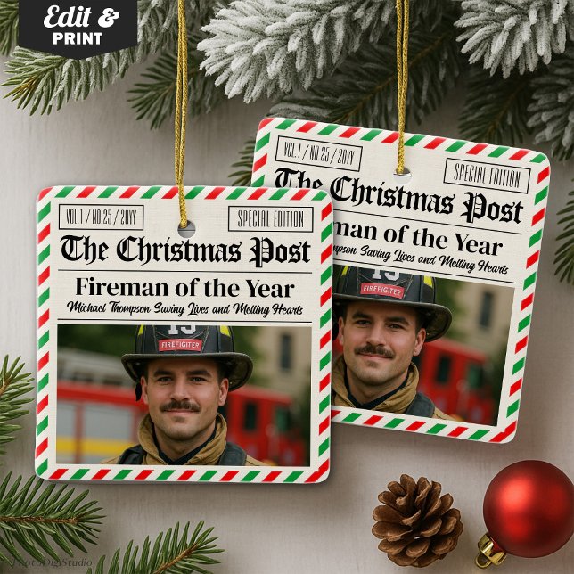 Custom Christmas Firefighter Gift, Fun Newspaper Julgransprydnad Keramik (Custom Christmas Firefighter Gift, Fun Newspaper Ceramic Ornament)