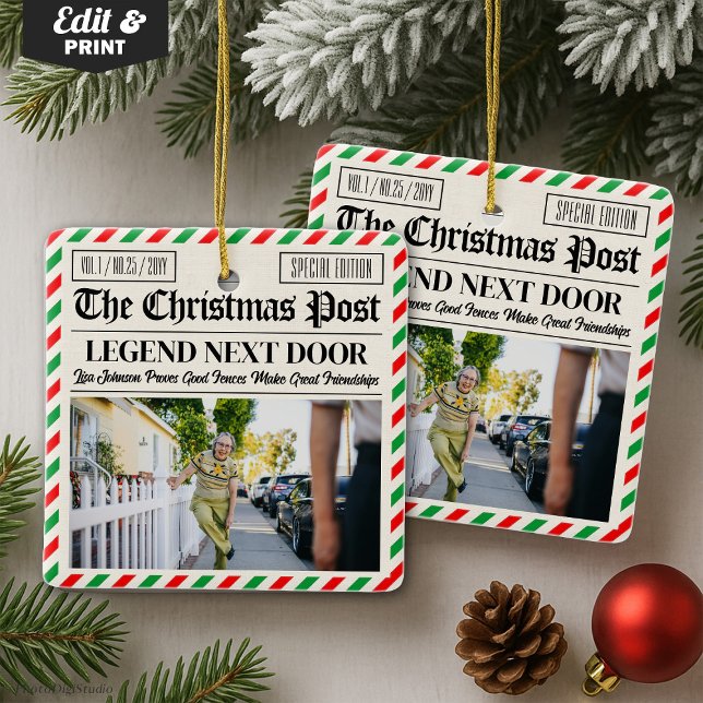 Custom Christmas Gift for Neighbour Fun Newspaper Julgransprydnad Keramik (Custom Christmas Gift for Neighbour Fun Newspaper Ceramic Ornament)